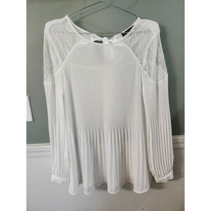 Adrianna Papell White Lace Pleated Blouse L
